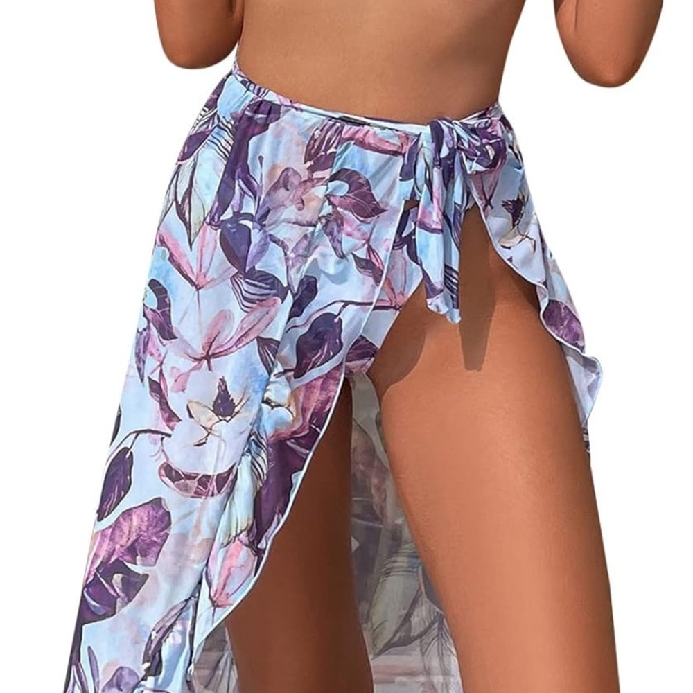Floral Purple Swim Cover-Up and bikini bottom large EUC